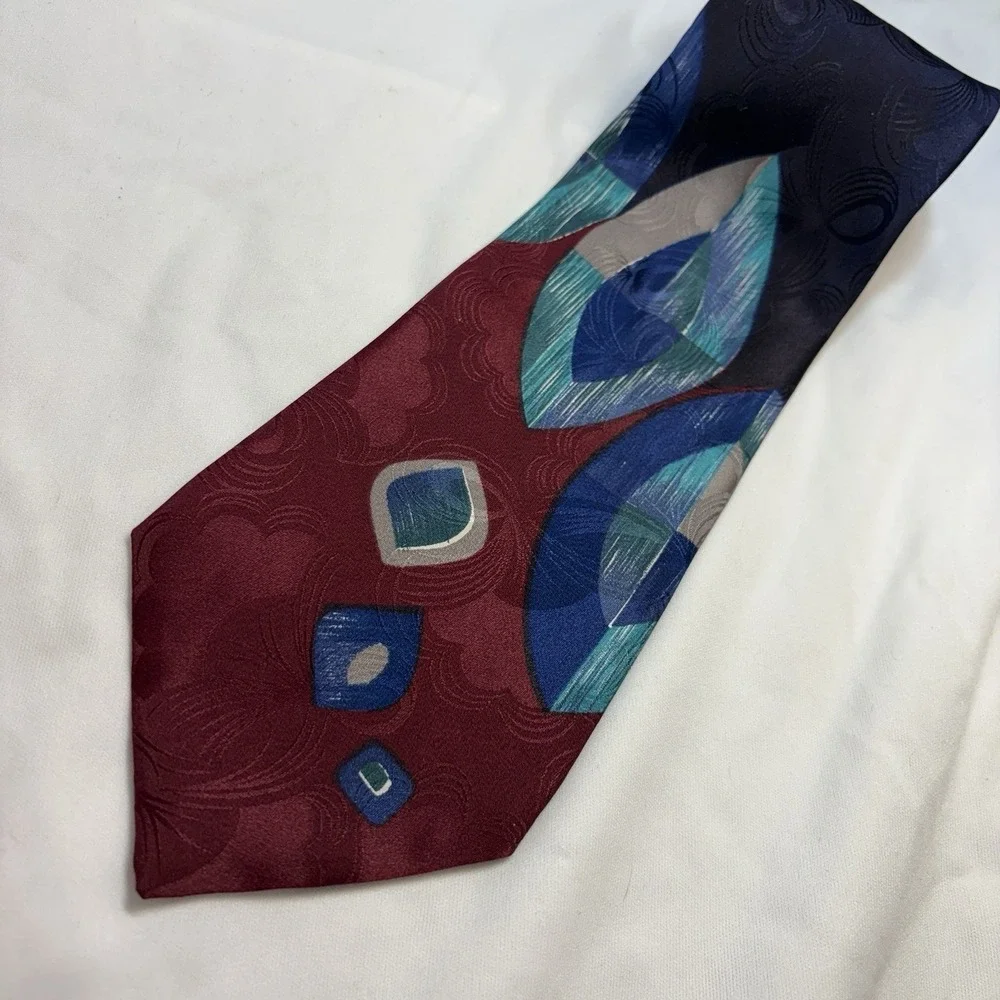 Vintage COURCHEVEL by DAMON Silk Necktie - Bold Geometric Abstract Red Blue Teal